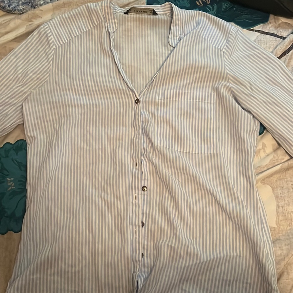 Blue and white Button down striped shirt with gold buttons